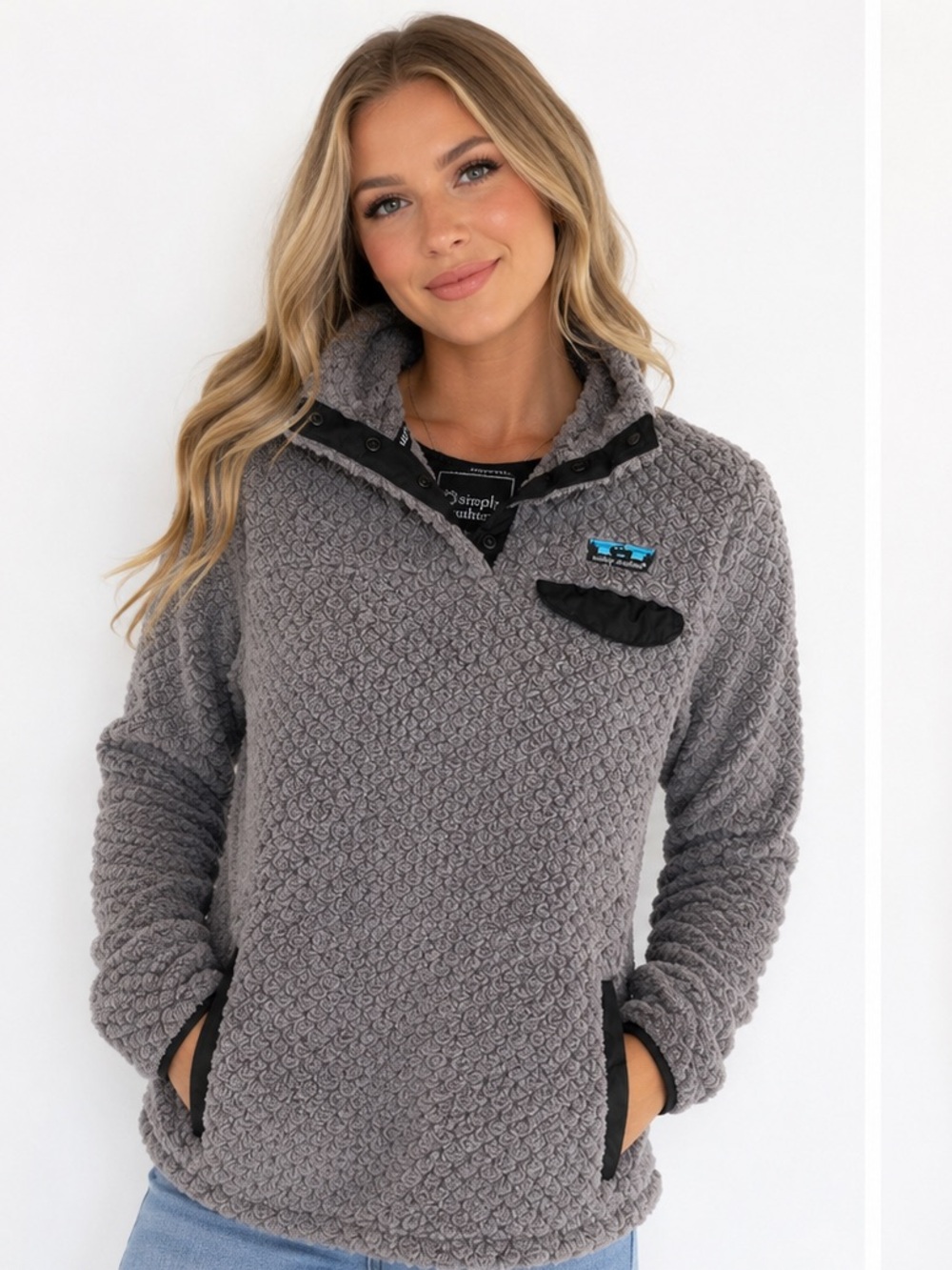 Simply Southern Gray Sherpa Snap Pullover Fleece Jacket Women’s Small Cozy Pocke